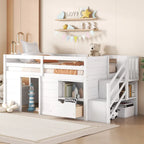 Cama baja blanca Twin con escaleras y cajón de almacenamiento
