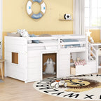 Cama baja blanca Twin con escaleras y cajón de almacenamiento