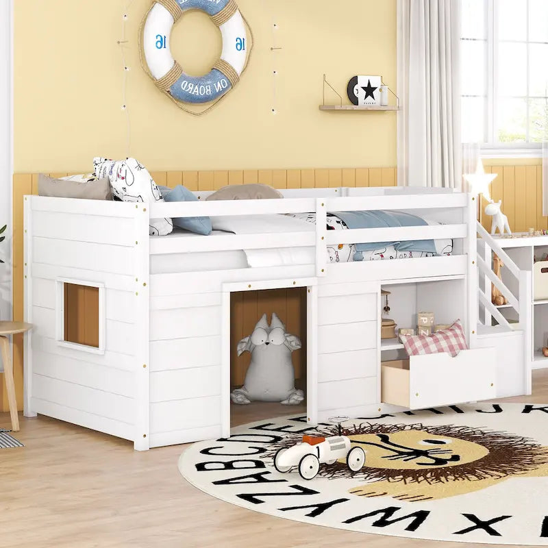 White Twin Low Loft Bed with Stairs and Storage Drawer