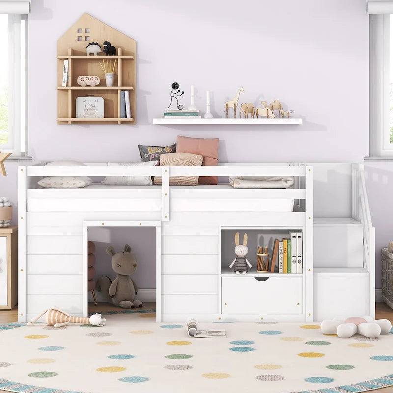 White Twin Low Loft Bed with Stairs and Storage Drawer