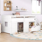 Cama baja blanca Twin con escaleras y cajón de almacenamiento