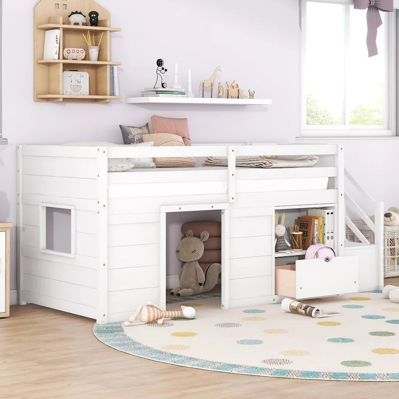 White Twin Low Loft Bed with Stairs and Storage Drawer