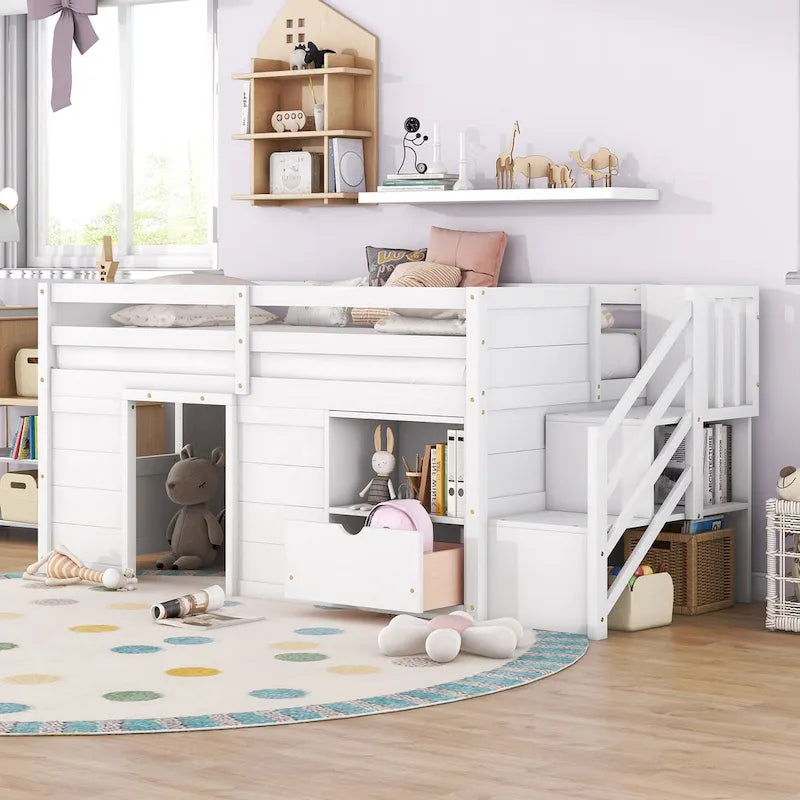 White Twin Low Loft Bed with Stairs and Storage Drawer