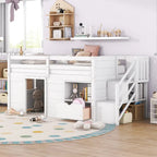 Cama baja blanca Twin con escaleras y cajón de almacenamiento