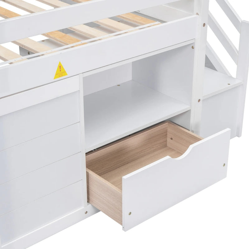 White Twin Low Loft Bed with Stairs and Storage Drawer