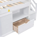 Cama baja blanca Twin con escaleras y cajón de almacenamiento