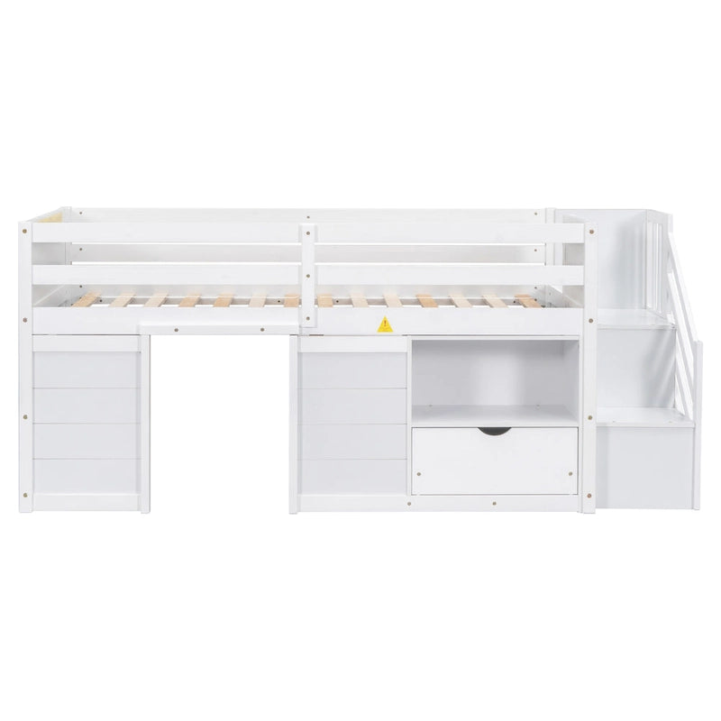 White Twin Low Loft Bed with Stairs and Storage Drawer
