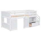 Cama baja blanca Twin con escaleras y cajón de almacenamiento