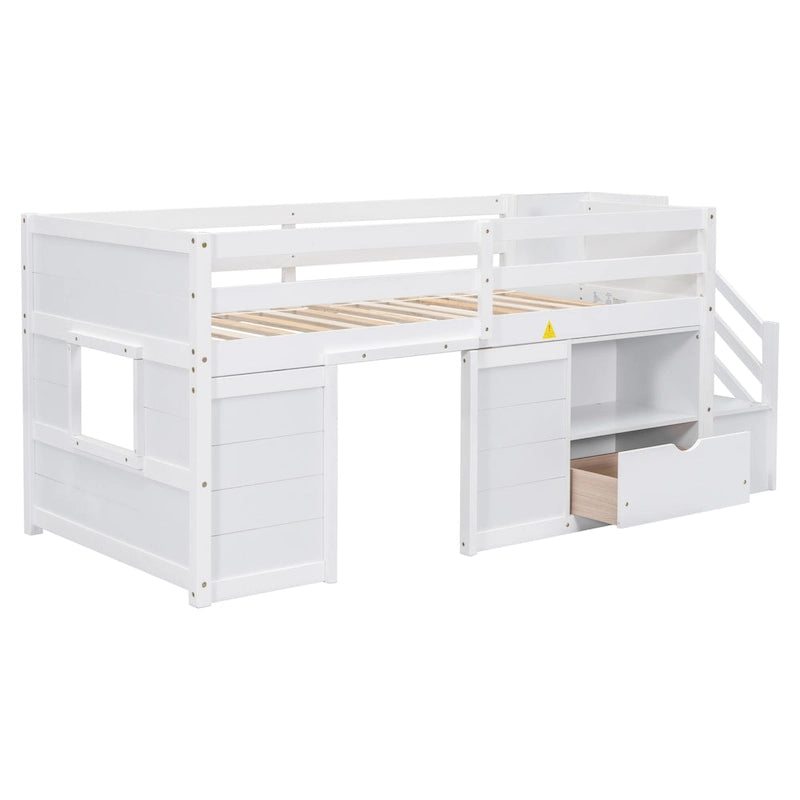 White Twin Low Loft Bed with Stairs and Storage Drawer