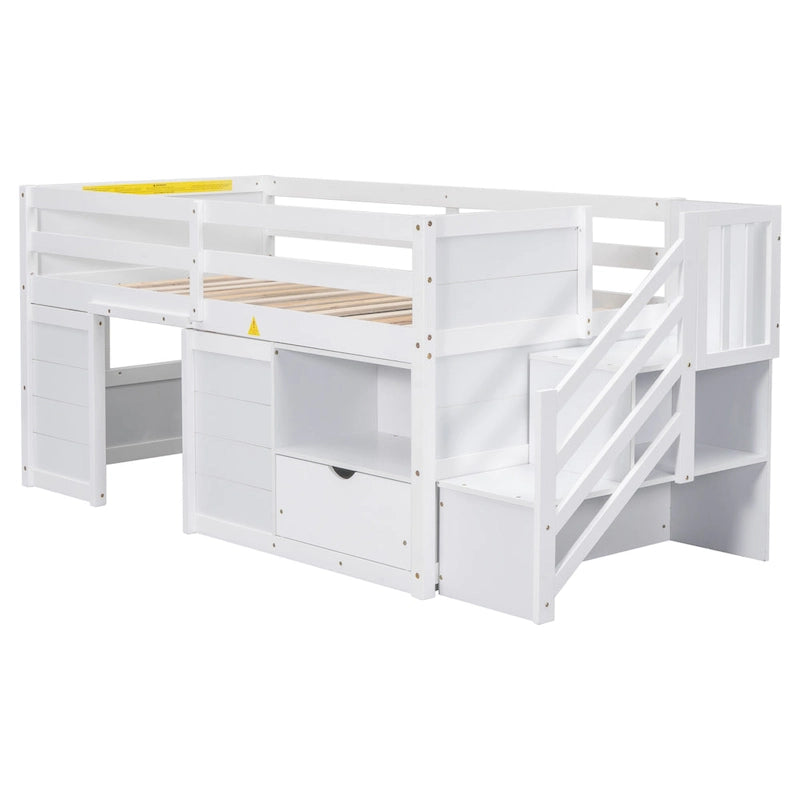 White Twin Low Loft Bed with Stairs and Storage Drawer