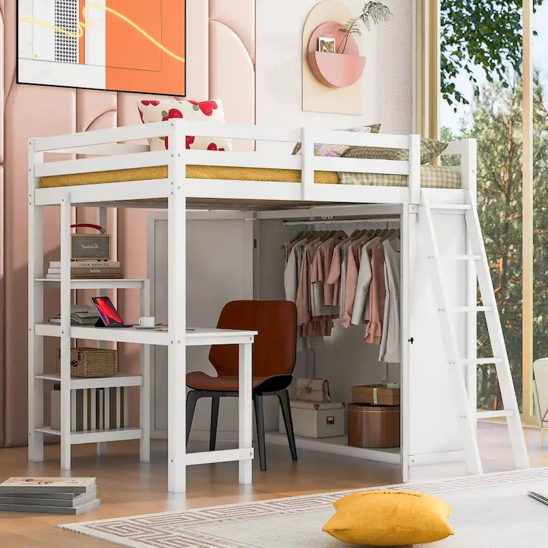 Full Loft Bed with Wardrobe, Desk and Shelves