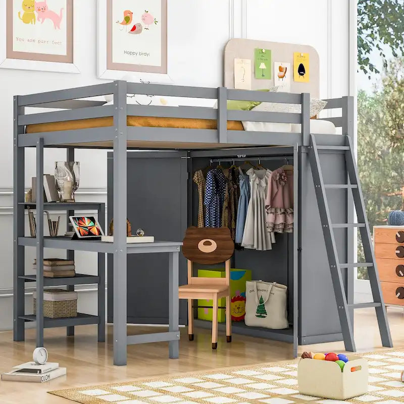 Full Loft Bed with Wardrobe, Desk and Shelves