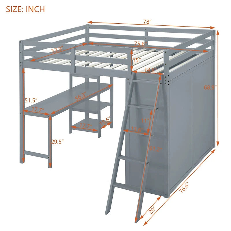 Full Loft Bed with Wardrobe, Desk and Shelves