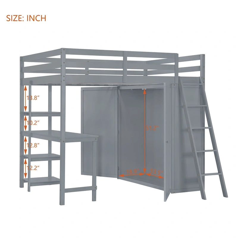 Full Loft Bed with Wardrobe, Desk and Shelves