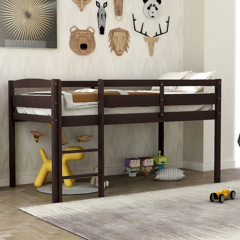 Twin Wood Low Loft Bed with Ladder and Guardrails