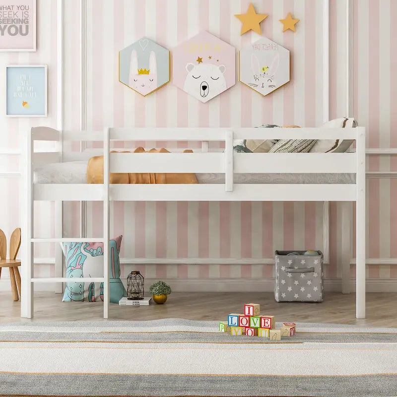 Twin Wood Low Loft Bed with Ladder and Guardrails