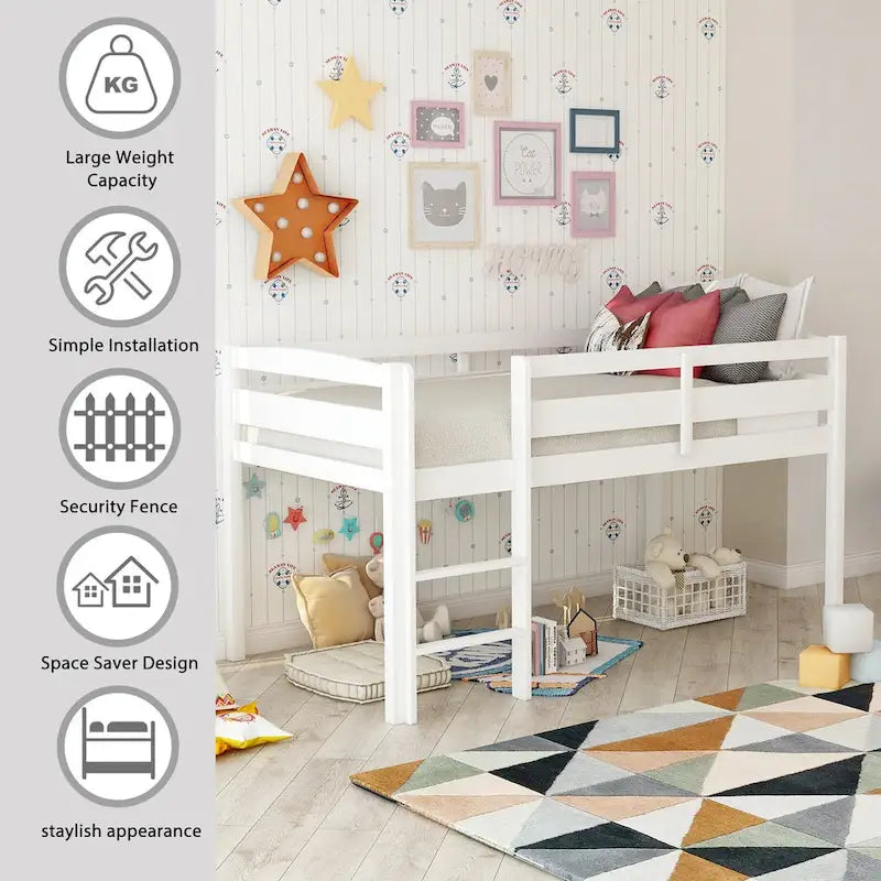 Twin Wood Low Loft Bed with Ladder and Guardrails