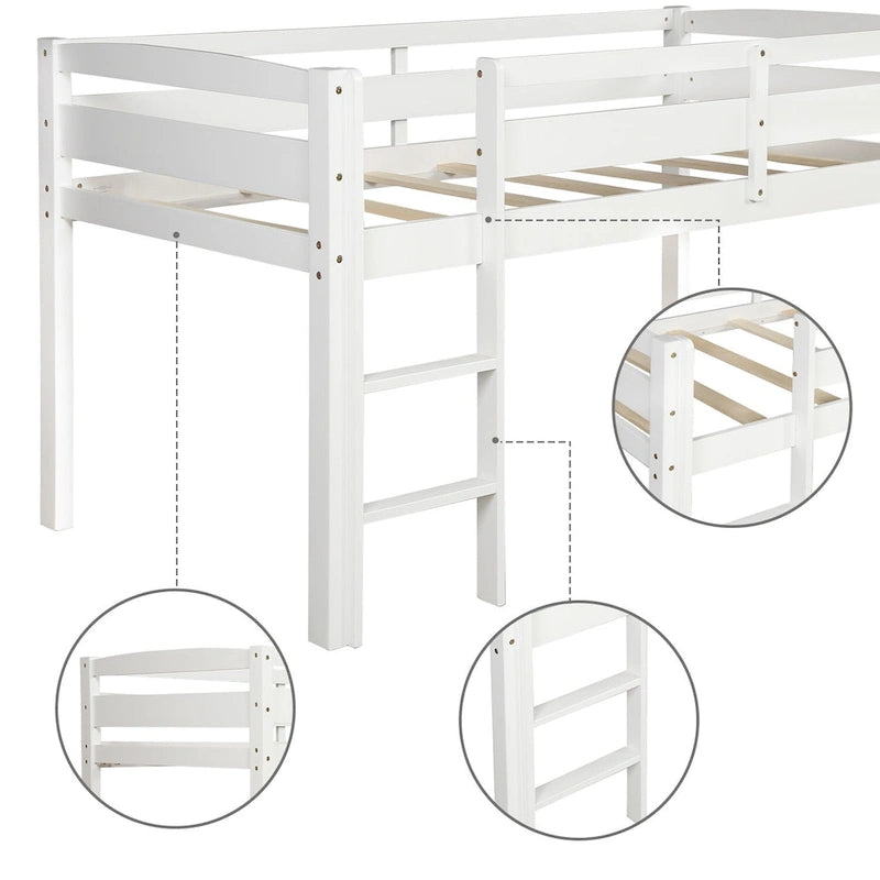 Twin Wood Low Loft Bed with Ladder and Guardrails