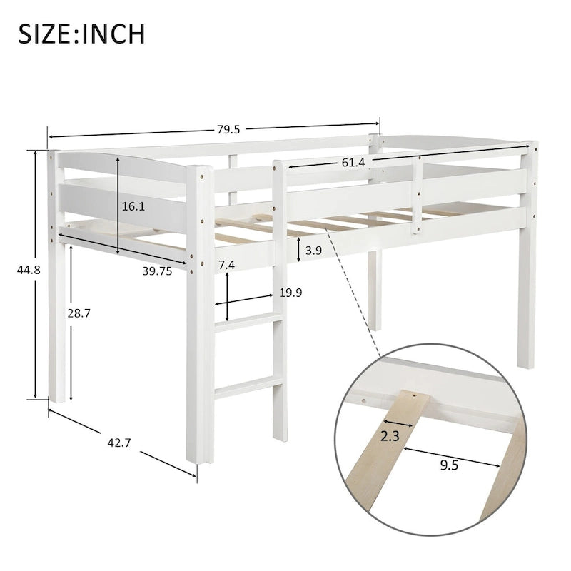 Twin Wood Low Loft Bed with Ladder and Guardrails