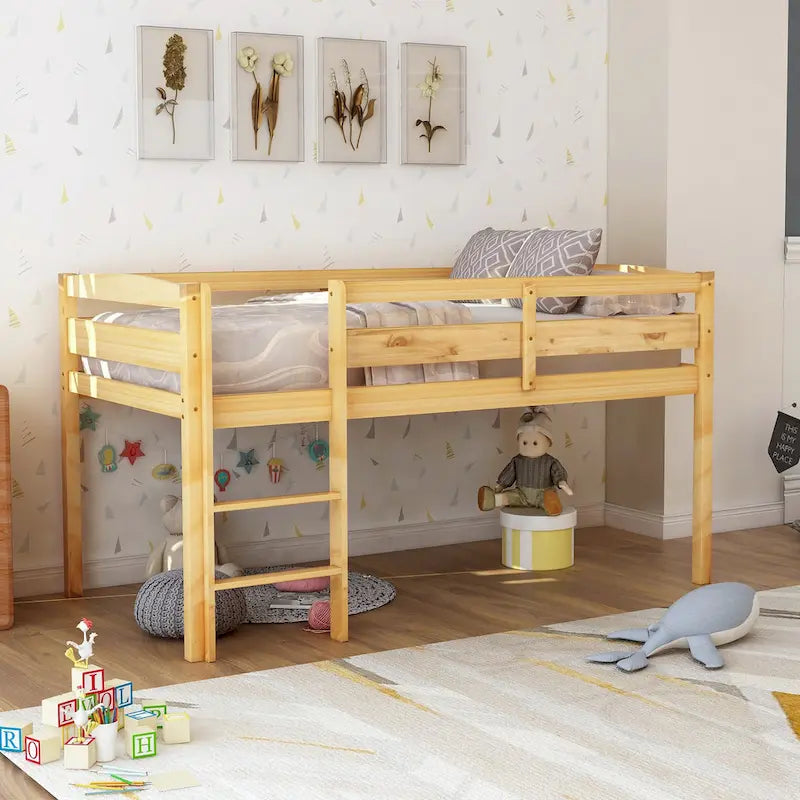 Twin Wood Low Loft Bed with Ladder and Guardrails