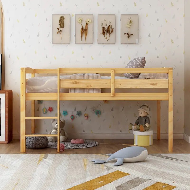 Twin Wood Low Loft Bed with Ladder and Guardrails
