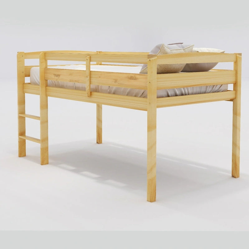 Twin Wood Low Loft Bed with Ladder and Guardrails
