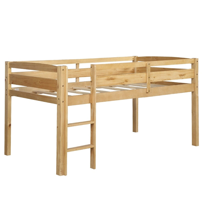 Twin Wood Low Loft Bed with Ladder and Guardrails