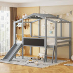 Grey Twin House Loft Bed with Slide and Blackboard