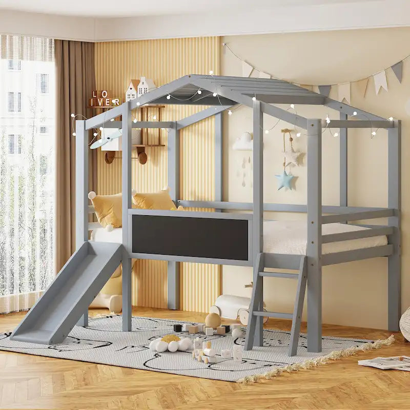 Grey Twin Loft House Bed with Slide