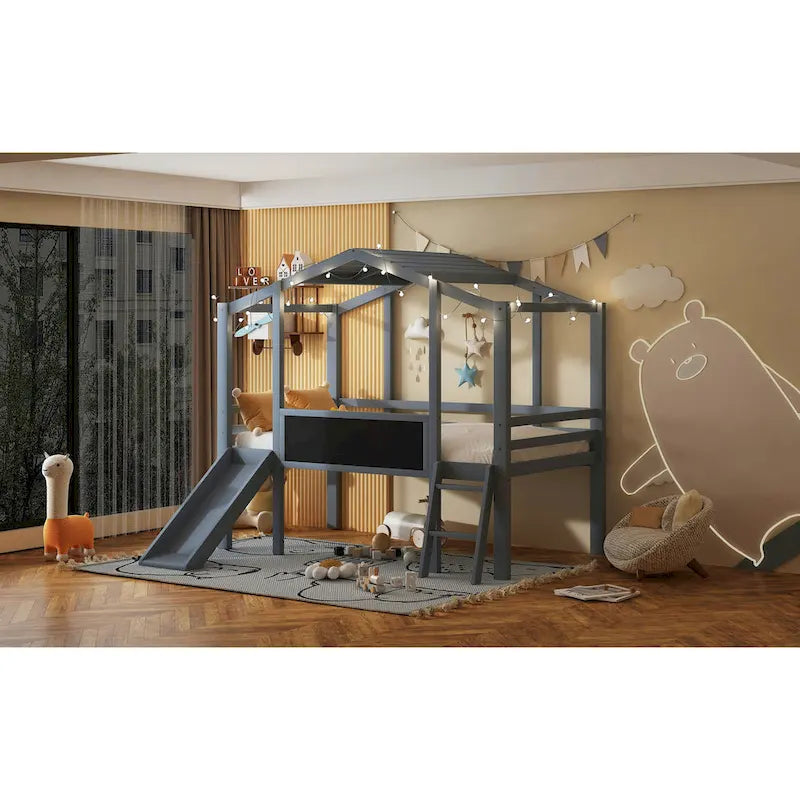 Grey Twin Loft House Bed with Slide