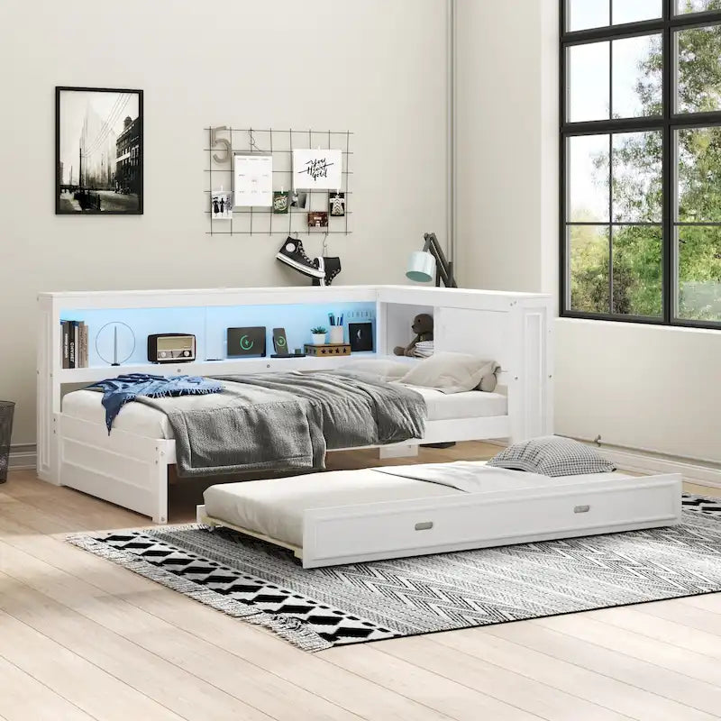 Full-Size Wood Daybed with Twin Trundle, Storage, USB and LED Lights