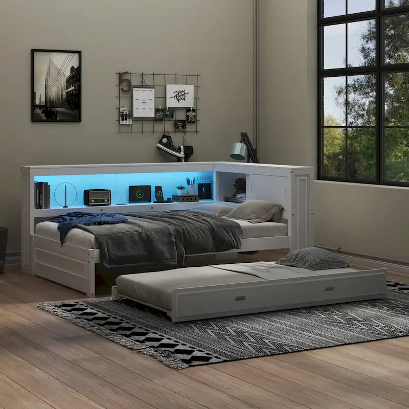 Full-Size Wood Daybed with Twin Trundle, Storage, USB and LED Lights