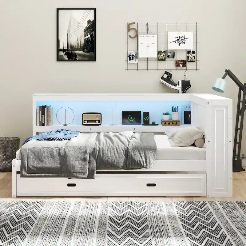 Full-Size Wood Daybed with Twin Trundle, Storage, USB and LED Lights
