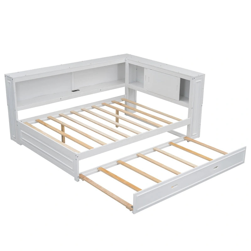 Full-Size Wood Daybed with Twin Trundle, Storage, USB and LED Lights