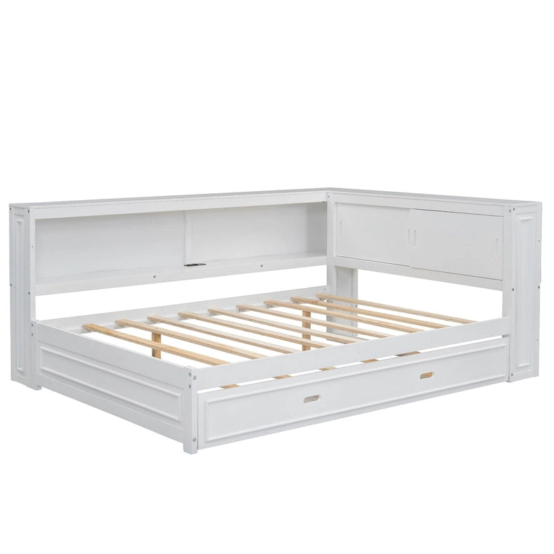 Full-Size Wood Daybed with Twin Trundle, Storage, USB and LED Lights