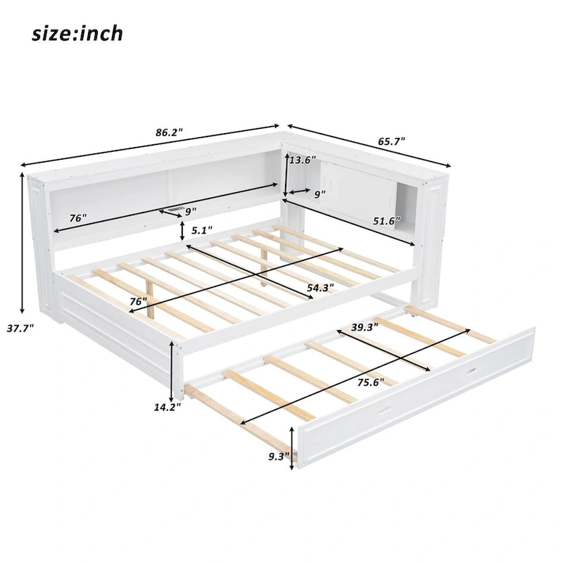 Full-Size Wood Daybed with Twin Trundle, Storage, USB and LED Lights