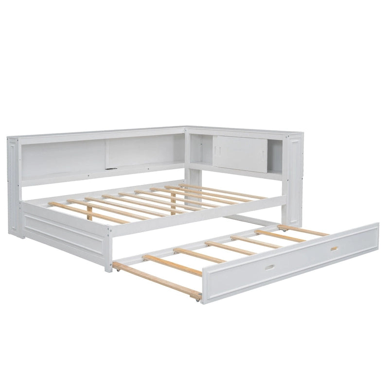 Full-Size Wood Daybed with Twin Trundle, Storage, USB and LED Lights
