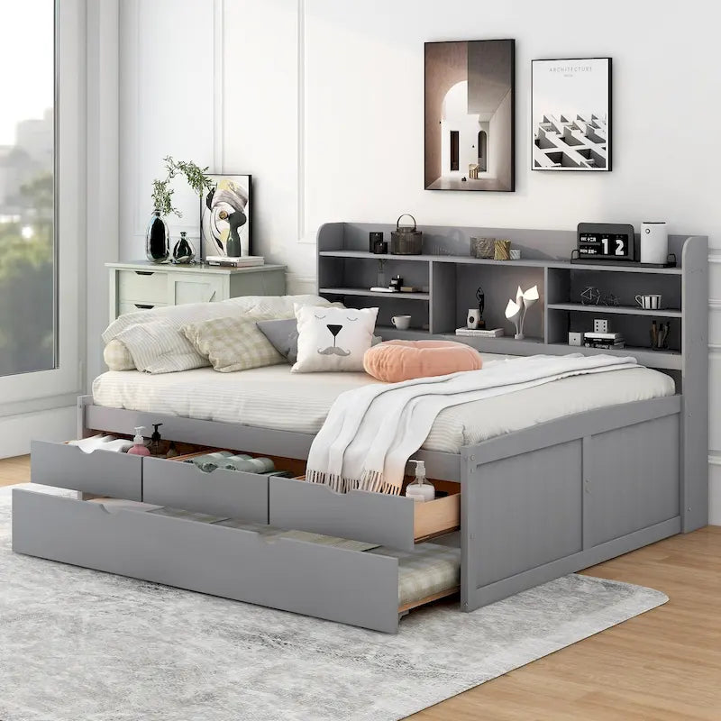 Full-Size Wooden Storage Bed with Bookcase, Drawers and Trundle
