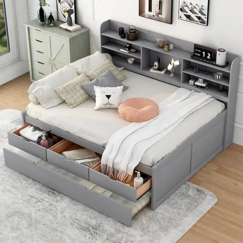 Full-Size Wooden Storage Bed with Bookcase, Drawers and Trundle