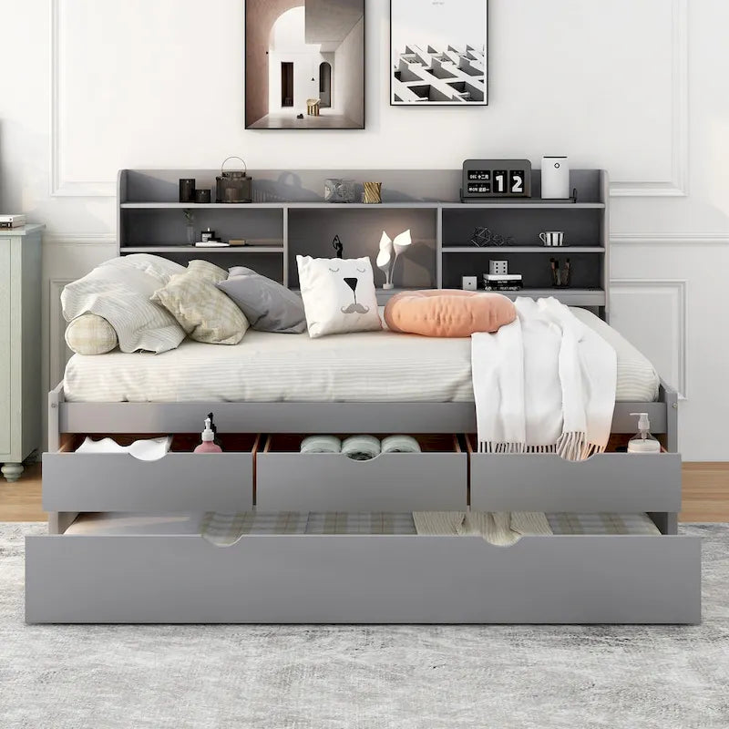 Full-Size Wooden Storage Bed with Bookcase, Drawers and Trundle