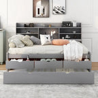 Cama de madeira de tamanho Full com arrumação, estante para livros, gavetas e cama auxiliar