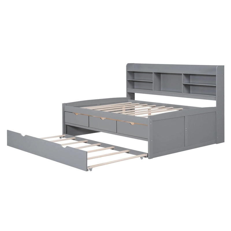 Full-Size Wooden Storage Bed with Bookcase, Drawers and Trundle