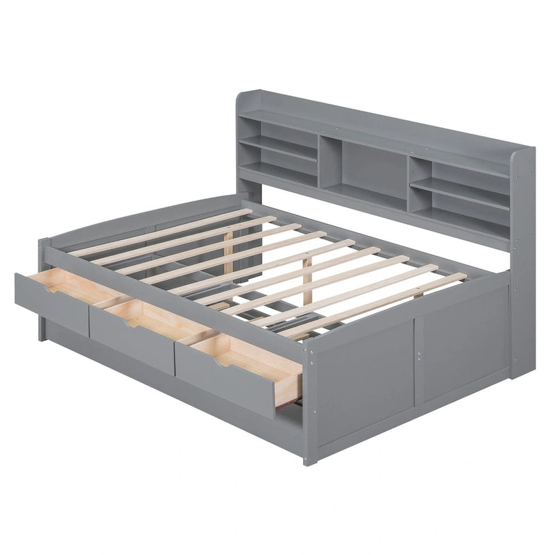 Full-Size Wooden Storage Bed with Bookcase, Drawers and Trundle