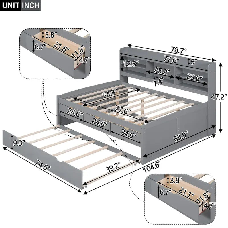 Full-Size Wooden Storage Bed with Bookcase, Drawers and Trundle