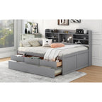 Cama de madeira de tamanho Full com arrumação, estante para livros, gavetas e cama auxiliar