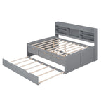 Cama de madeira de tamanho Full com arrumação, estante para livros, gavetas e cama auxiliar