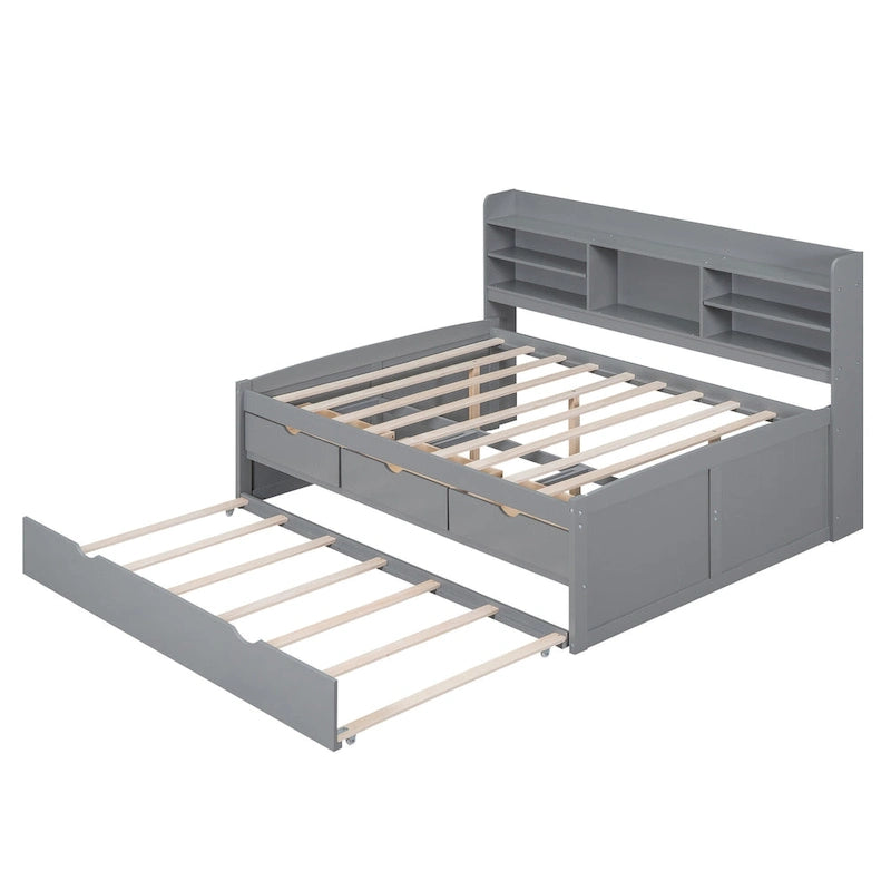Full-Size Wooden Storage Bed with Bookcase, Drawers and Trundle