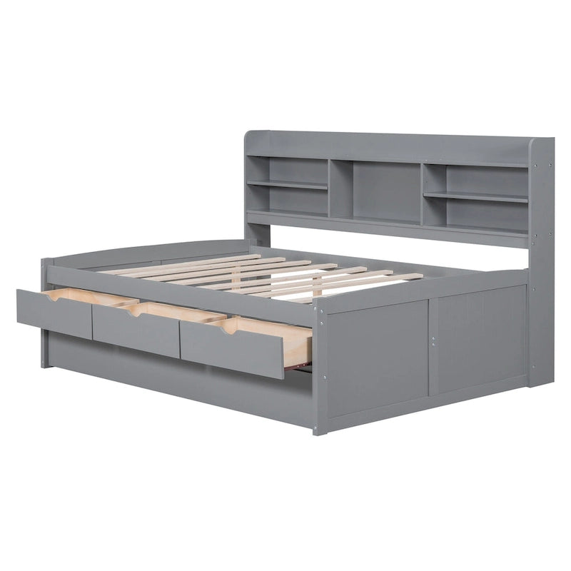 Full-Size Wooden Storage Bed with Bookcase, Drawers and Trundle
