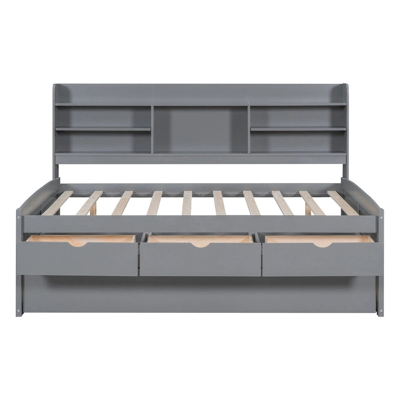 Full-Size Wooden Storage Bed with Bookcase, Drawers and Trundle