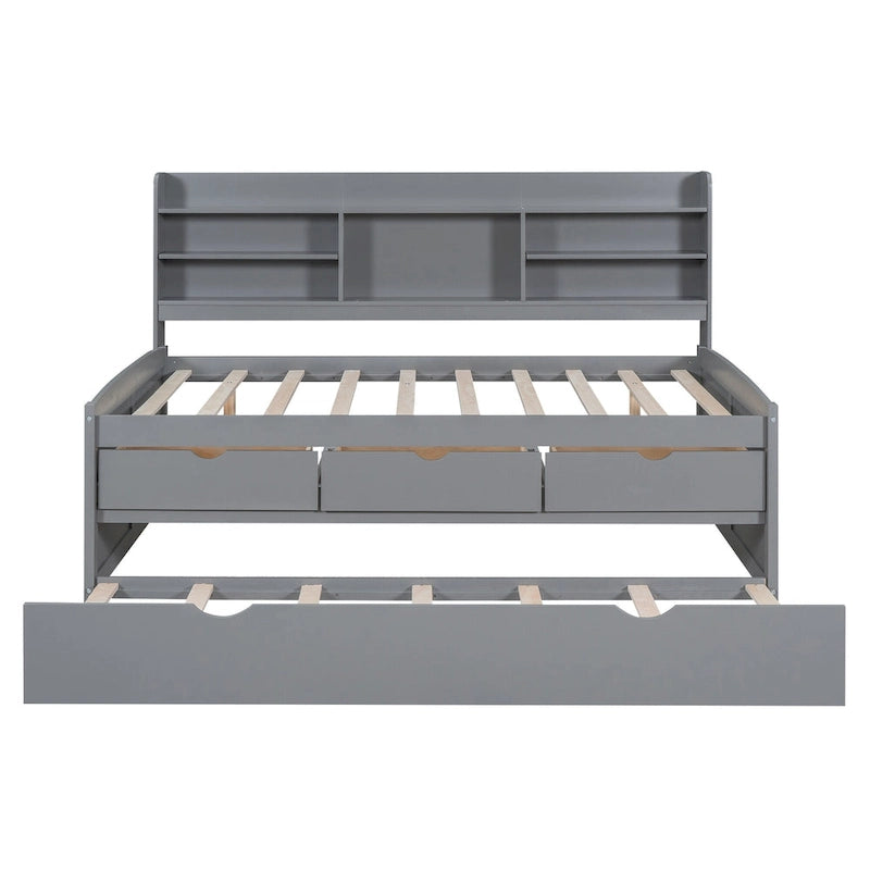 Full-Size Wooden Storage Bed with Bookcase, Drawers and Trundle